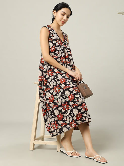 Cotton Long Dress Beige and Orange