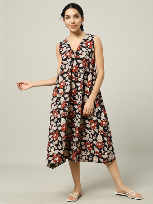 Cotton Long Dress Beige and Orange