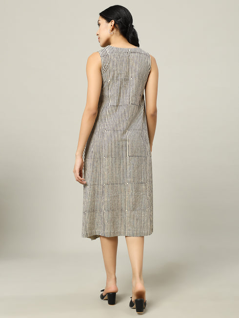 Cotton Long Dress Beige and Black Stripe
