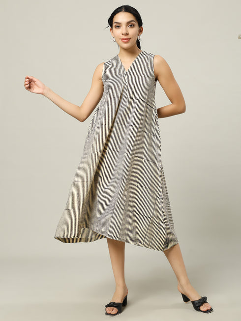 Cotton Long Dress Beige and Black Stripe