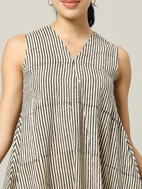 Cotton Long Dress Beige and Black Stripe