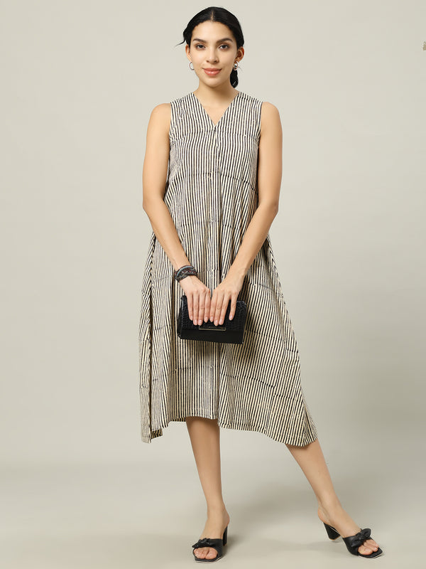 Cotton Long Dress Beige and Black Stripe