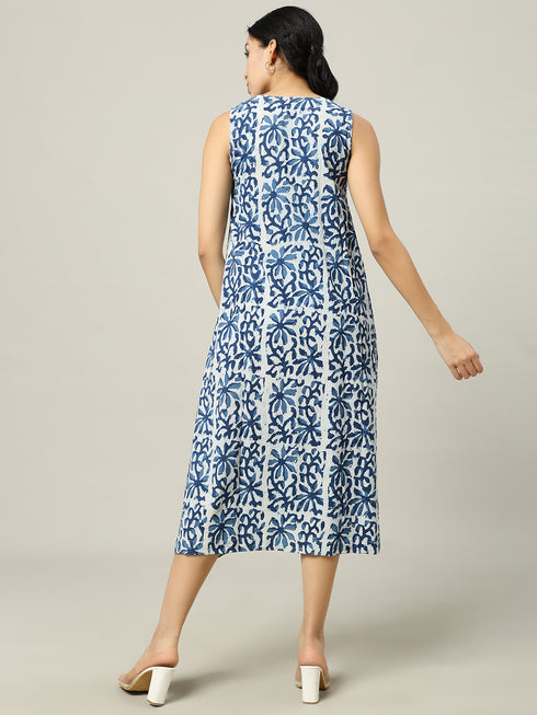 Cotton Long Dress Off-white and Indigo