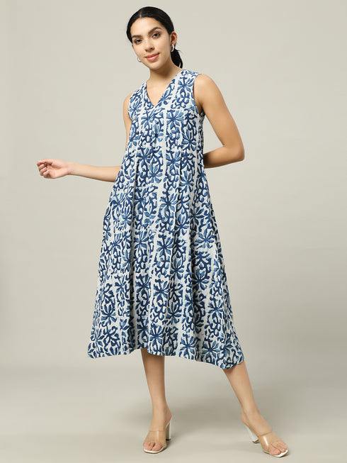 Cotton Long Dress Off-white and Indigo