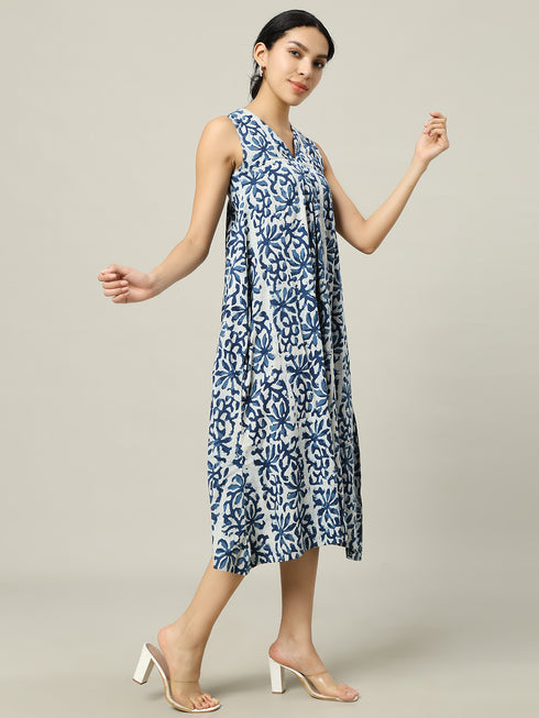 Cotton Long Dress Off-white and Indigo