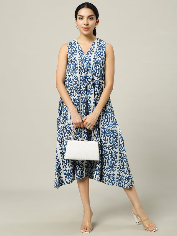 Cotton Long Dress Off-white and Indigo