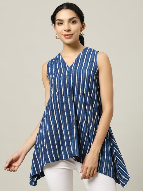 Sleeveless Cotton Indigo Top with Long Stripes