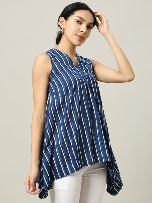 Sleeveless Cotton Indigo Top with Long Stripes