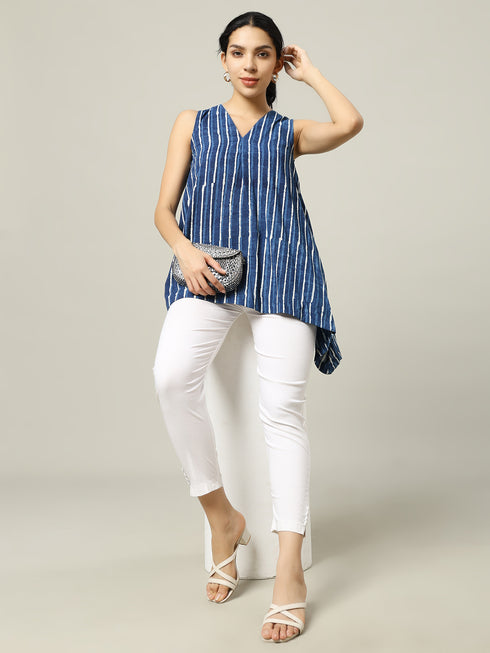 Sleeveless Cotton Indigo Top with Long Stripes