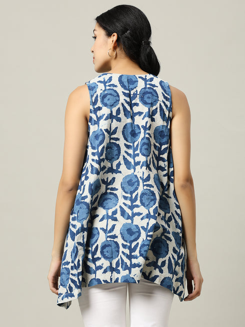 Sleeveless Cotton Indigo Top with Floral Motif