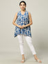 Sleeveless Cotton Indigo Top with Floral Motif