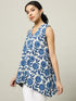 Sleeveless Cotton Indigo Top with Floral Motif