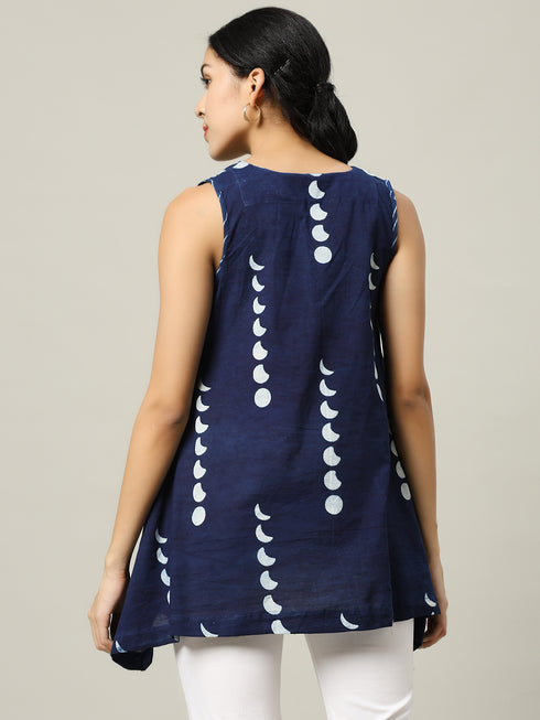 Sleeveless Cotton Indigo Top with Moon Phases