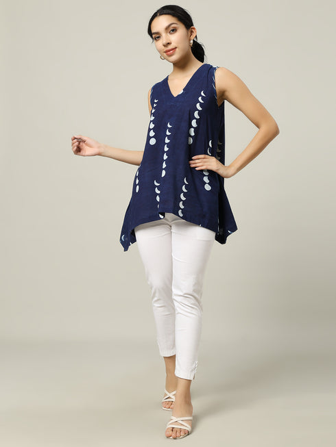 Sleeveless Cotton Indigo Top with Moon Phases