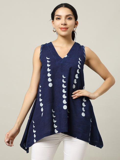 Sleeveless Cotton Indigo Top with Moon Phases