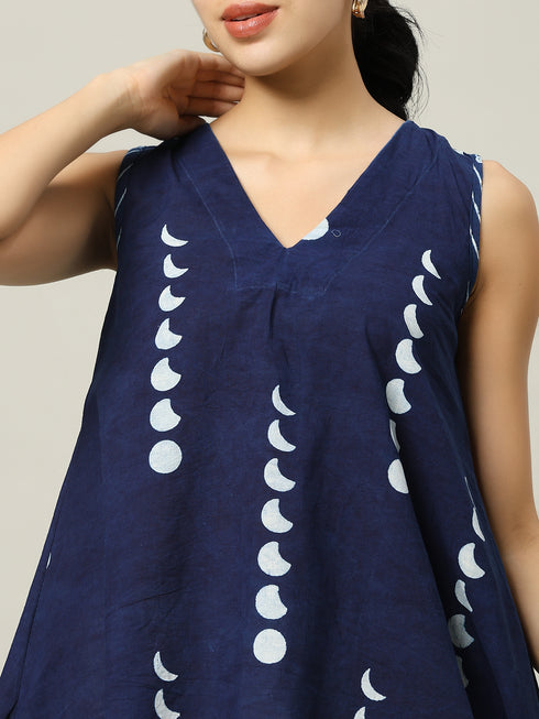 Sleeveless Cotton Indigo Top with Moon Phases