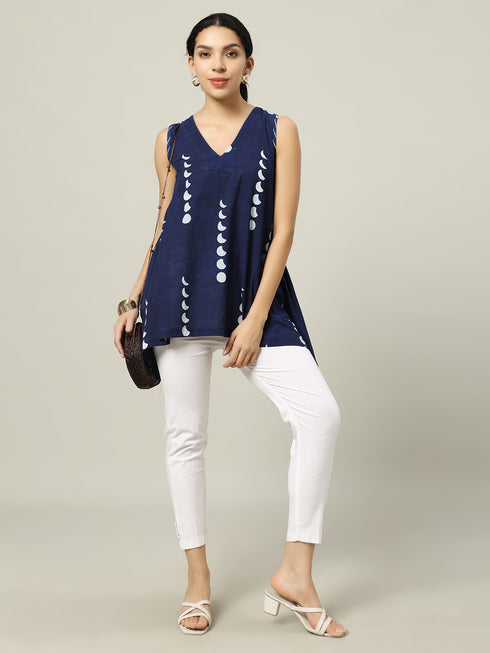 Sleeveless Cotton Indigo Top with Moon Phases
