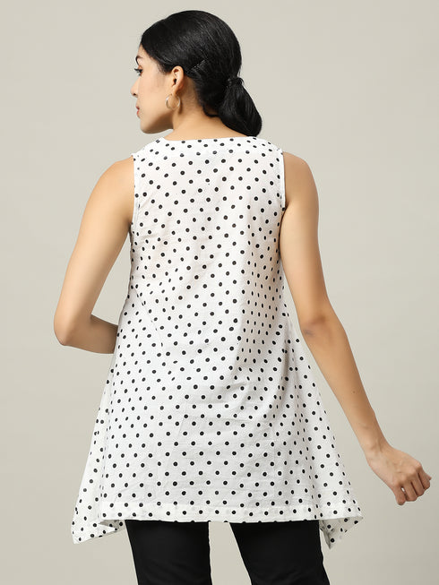 Sleeveless Cotton White Top with Black Polka Dots