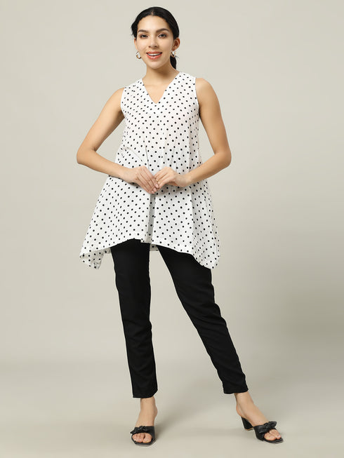 Sleeveless Cotton White Top with Black Polka Dots
