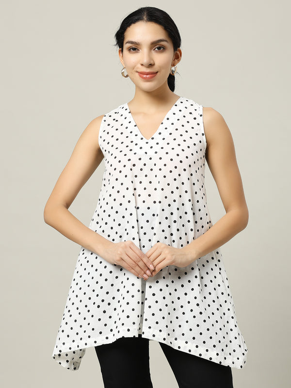 Sleeveless Cotton White Top with Black Polka Dots