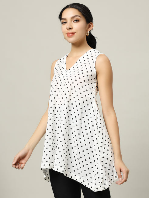 Sleeveless Cotton White Top with Black Polka Dots