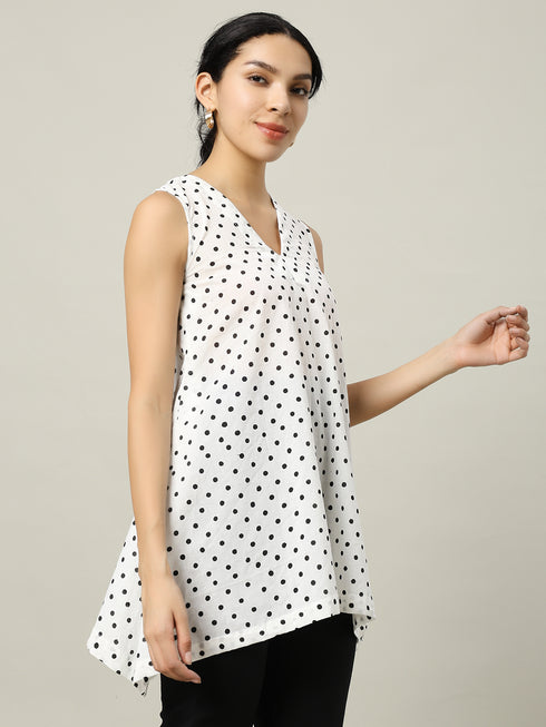Sleeveless Cotton White Top with Black Polka Dots
