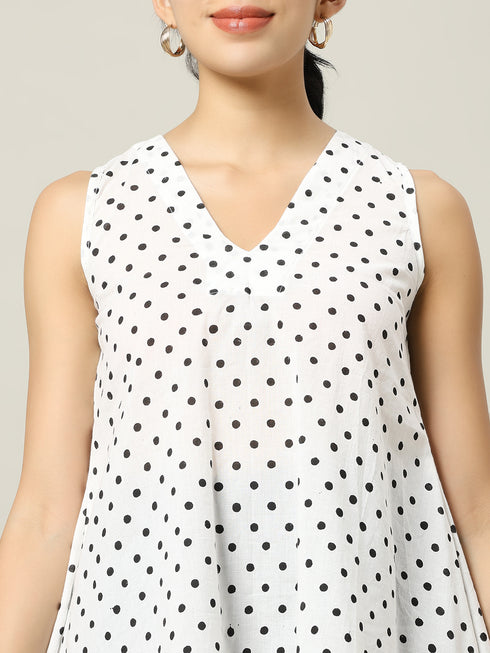 Sleeveless Cotton White Top with Black Polka Dots