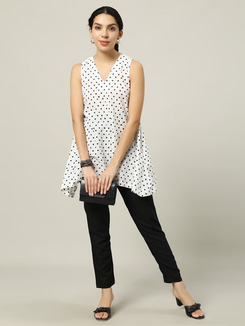 Sleeveless Cotton White Top with Black Polka Dots