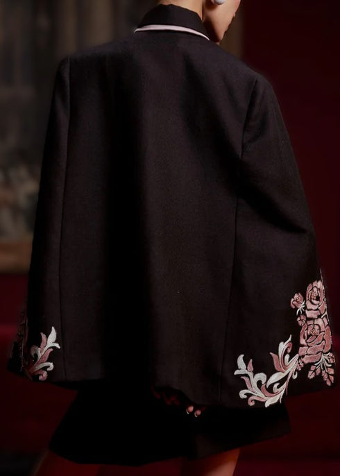 Split Sleeve Black Embroidered Jacket with Satin Bow