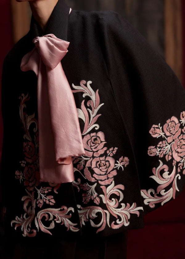 Split Sleeve Black Embroidered Jacket with Satin Bow