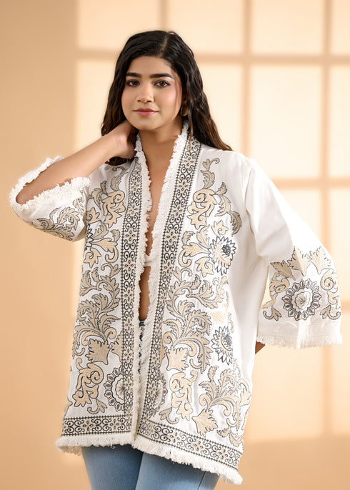 Embroidered Jacket with Fringed Edges