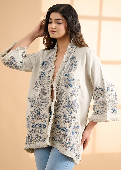 Embroidered Jacket with Fringed Edges
