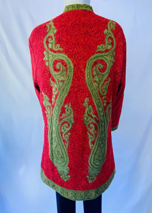 Hand Embroidered Short Jacket - Olive Green and Red