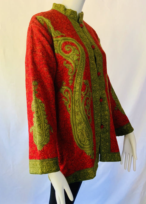 Hand Embroidered Short Jacket - Olive Green and Red
