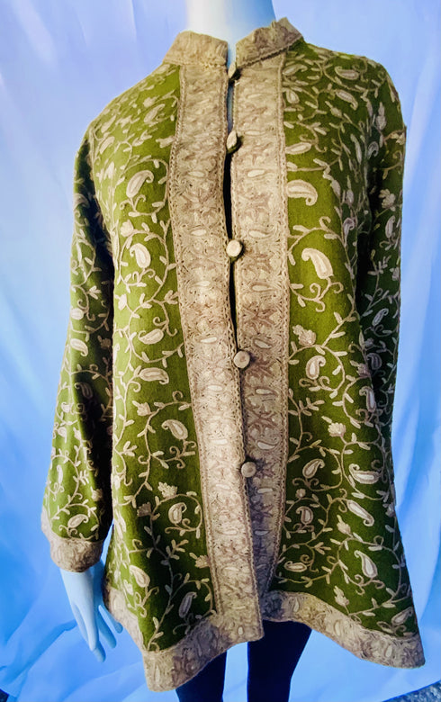 Hand Embroidered Short Jacket - Olive Green