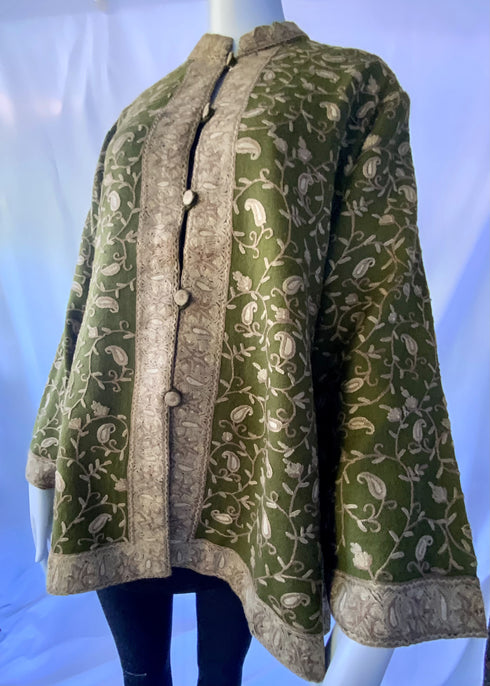Hand Embroidered Short Jacket - Olive Green