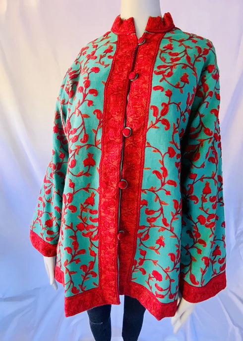 Hand Embroidered Short Jacket - Turquoise and Red