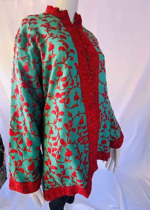 Hand Embroidered Short Jacket - Turquoise and Red