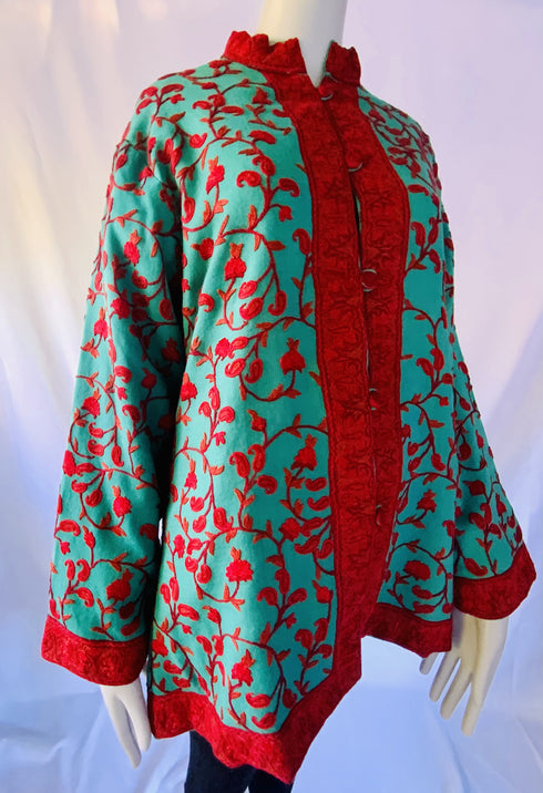 Hand Embroidered Short Jacket - Turquoise and Red