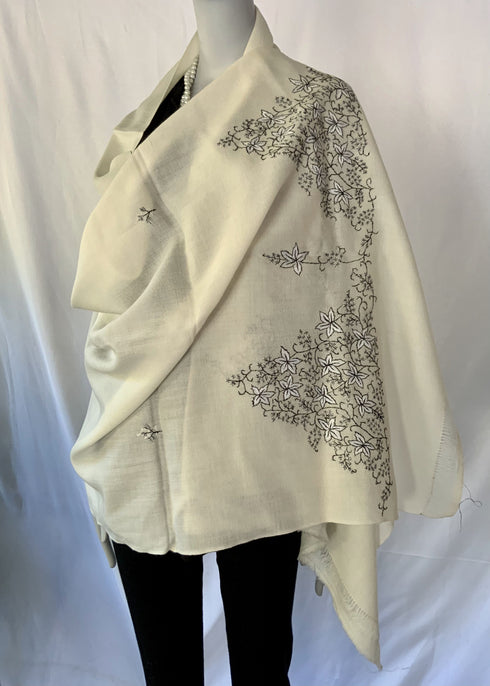 Hand Embroidered with Black and White Flowers