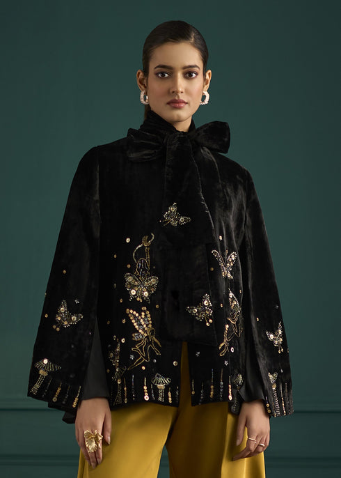 Gold Embroidered Velvet Split Sleeve Jacket