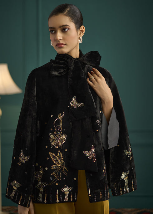 Gold Embroidered Velvet Split Sleeve Jacket