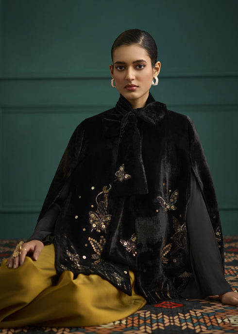 Gold Embroidered Velvet Split Sleeve Jacket