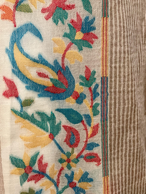 CASHMERE WITH KANI BORDER - BEIGE WITH GRREN WEAVE - makersweave.com