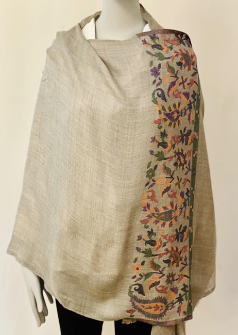 CASHMERE WITH KANI BORDER - GRAY WITH GREEN AND PURPLE WEAVE - makersweave.com