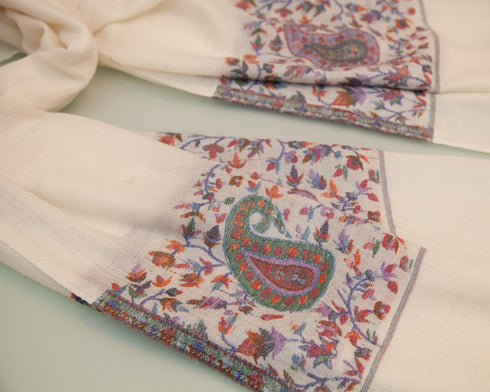 CASHMERE WITH KANI BORDER -OFF WHITE AND GREEN PURPLE PAISELY - makersweave.com