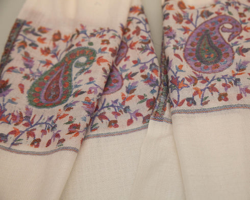 CASHMERE WITH KANI BORDER -OFF WHITE AND GREEN PURPLE PAISELY - makersweave.com