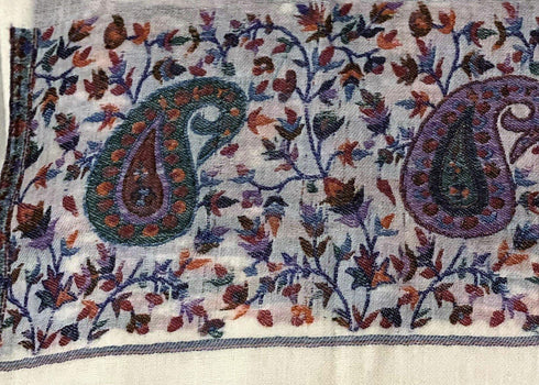 CASHMERE WITH KANI BORDER -OFF WHITE AND GREEN PURPLE PAISELY - makersweave.com