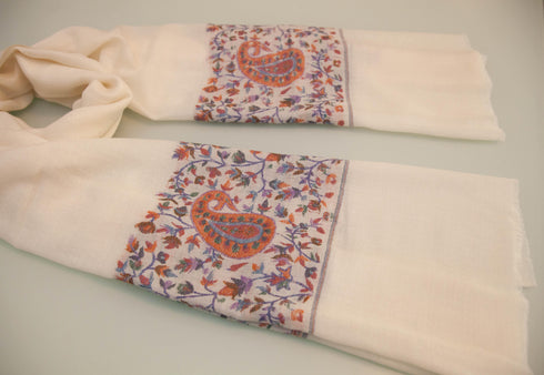 CASHMERE WITH KANI BORDER -OFF WHITE AND GREEN PURPLE PAISELY - makersweave.com