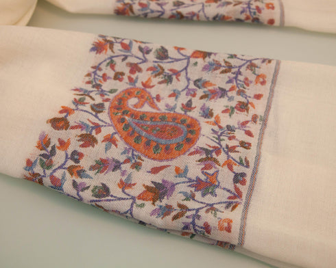 CASHMERE WITH KANI BORDER -OFF WHITE AND GREEN PURPLE PAISELY - makersweave.com